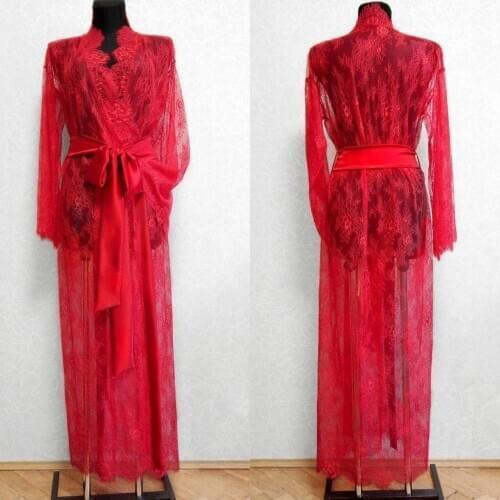 Red Bridal Robes with Belt Lace Wedding Sleepwear Bathrobes Nightgowns Robe Women Boudoir Dresses Kimono