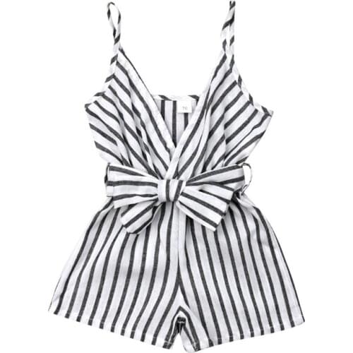 0-24M Summer Fashion Newborn Baby Girl Striped Strap Romper Sleeveless Sling V-Neck Playsuits Baby Girl Cotton Bow Belt Sunsuit
