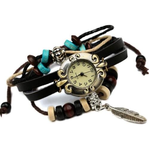 Fashion Cheap Womens Quartz Watch Female Atmospheric Beads Leather Bracelet Wristwatches For Women