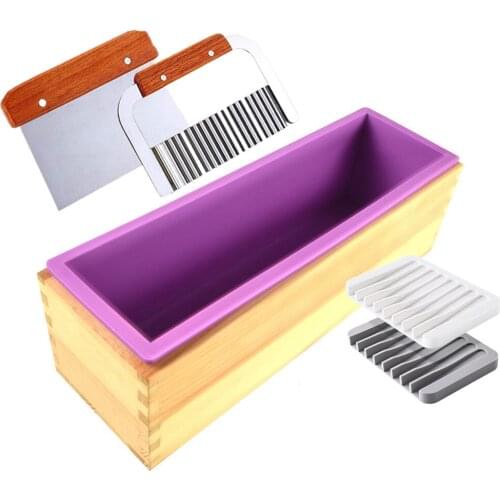 4 Pcs/Set Handmade Silicone Loaf Soap Mold Set Soap Mold with Wooden Box 2 Pieces Stainless Steel Cutters Silicone Soap Dish