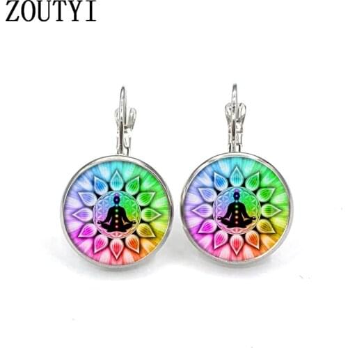New / glamour fashion personality OM Yoga 10th ceremony meridian pattern, convex glass inlay earrings, womens accessories