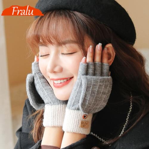 FRALU autumn and winter knitted alpaca gloves ladies outdoor windproof warmth fingerless flip cover all-match woolen gloves