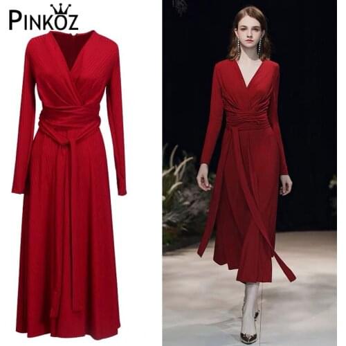 Pinkoz New Style ElegantSlimming V-neck Long Sleeve Slit Hemline at Hem Elegant Formal Red Sashes Midi Party Dress Spring