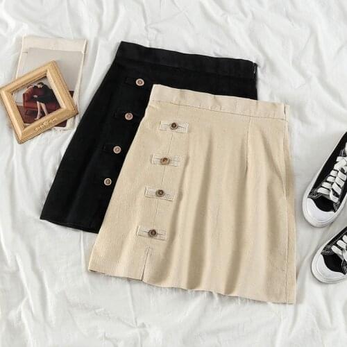 Casual Vintage Kawaii Solid Button Empire Mini A-Line Corduroy Skirt Spring Summer Korean Ladies High Waist Above Knee Skirts