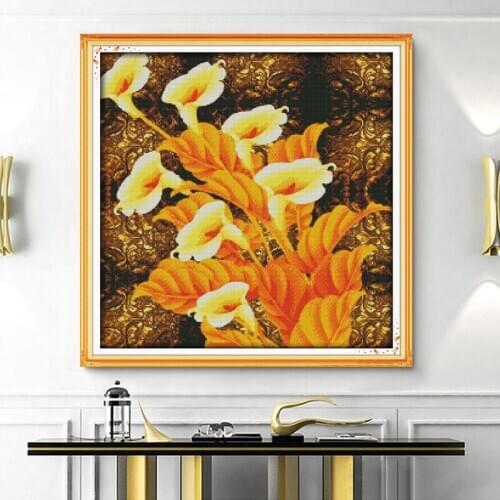Joy Sunday Golden calla lily flowers cross stitch package plant 14ct 11ct people kit DIY DMC embroidery Needlework Home Decor