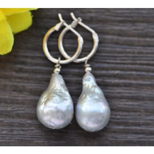 Z10017 21mm Gray Baroque Keshi Reborn Pearl Dangle Earring 925SC