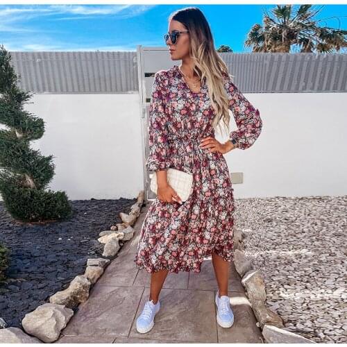 Spring Autumn Floral Print Vintage Midi Dress Elegant Women Casual Loose V-neck Wrist Sleeve Drawstring Design Party Vestidos