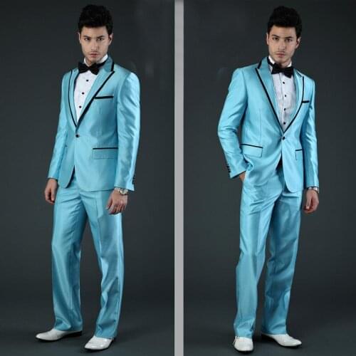 Stylish Shinny Blue Suits Men 2020 Tailored Groom Wedding Suits Mens Show Suits Topic Party Wear 2 Piece Set (Jacket+Pants)