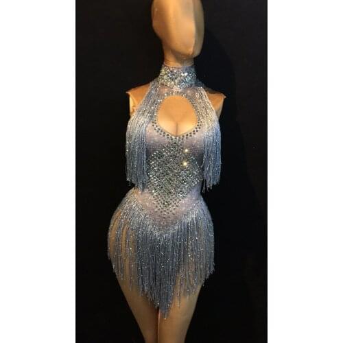 Rhinestones Dress Gogo Bar Dj Modern Female Singer High Collar Tassel Stretch Short Siamese Adult Costume Stage Bodysuit