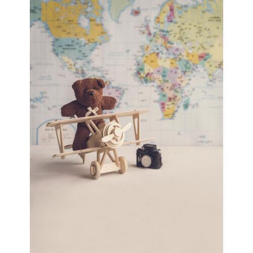 TR Children Baby Photography Backdrop Props World Map Theme Photo Studio Backgrounds Wood Airplane Bear Decor Indoor Backgrounds