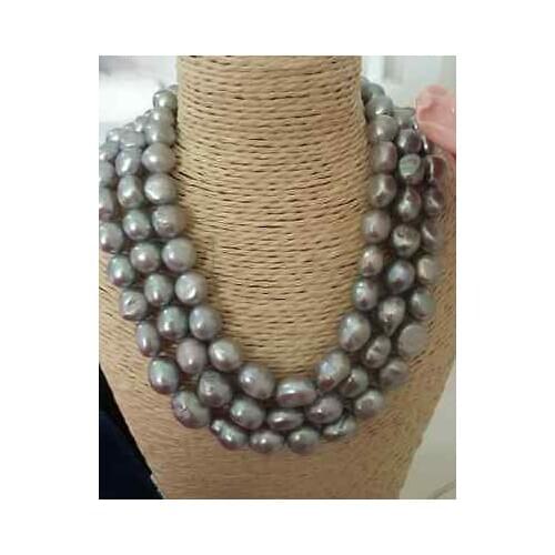 Triple strands 9-10mm south sea baroque grey pearl necklace "19"20"