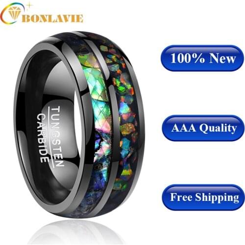AAA Quality Newest 8mm wide electroplated black inlaid shells Opal dome tungsten steel wedding gift rings free shipping