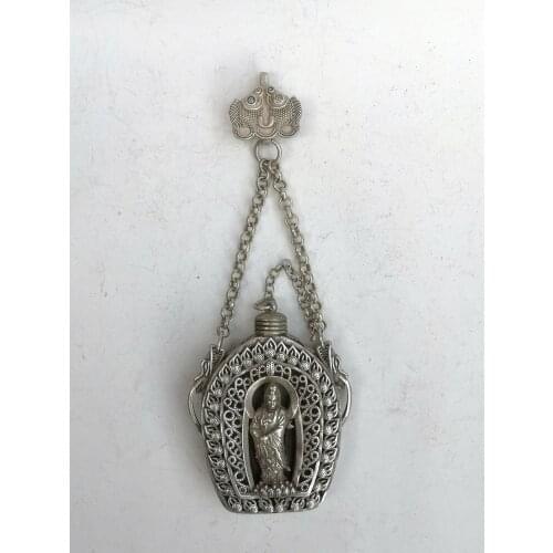 YIZHU CULTUER ART Collection Old Chinese Tibet Silver Carving Avalokitesvara Sachet Pendant Decoration Gift