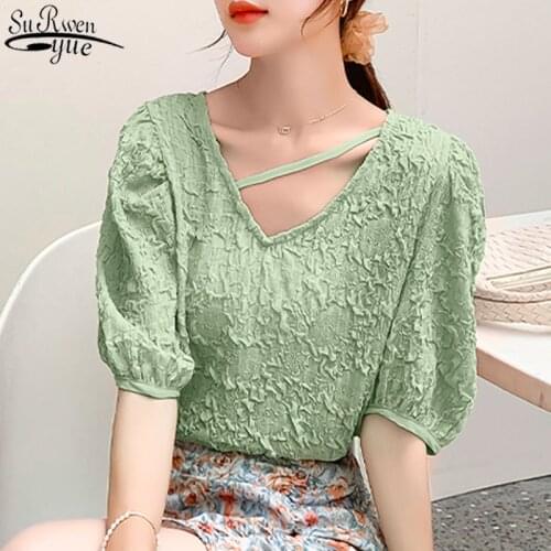 Taro Purple All-match Design Small Shirt Loose Top Chemisier Femme 2021 Summer New Puff Sleeve V-neck Chiffon Shirt Female 10057