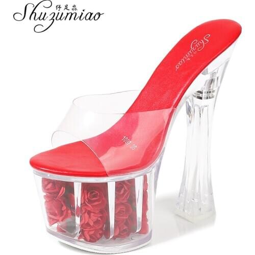 Women Slipper Shoes Thick Heels Super High heels 18cm Roses Waterproof Fishmouth Sandals Transparent Crystal Shoes Wedding Shoes