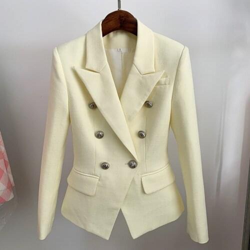 HIGH STREET Newest 2021 Classic Designer Blazer Womens Silver Lion Buttons Double Breasted Slim Fit Textured Blazer Jacket