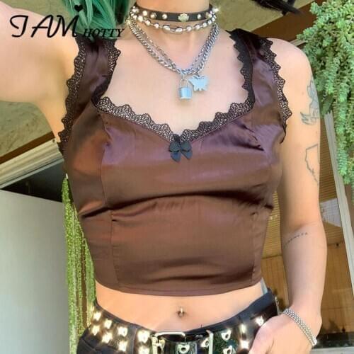 Y2K Lace Patchwork Bow Cute Crop Top Women Harajuku Gothic Brown V Neck Solid Party Club Tank Top Girls Streetwear 2020 Iamhotty