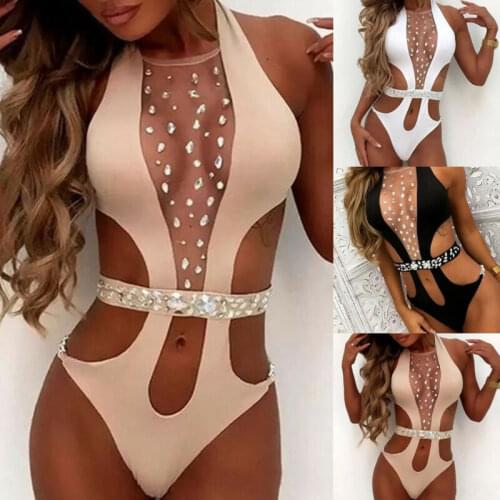Women Sexy Rhinestone Exposed Navel Hollow Out One-Piece Swimsuit Beachwear Swimwear Push-up Monokini Bikini Bathing Beach Suit
