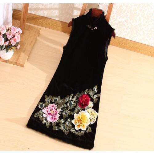 Autumn Winter Retro Women Sleeveless 3D Flowers Dress Vintage Embroidery Peony Chinese Style Elegant Lady Loose Velvet Dress 3XL
