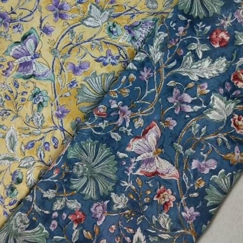 100% Cotton viaPhil Brand Yellow Blue Blooming Flowers Butterfly Fabric Patchwork Cloth Dress Home Decor