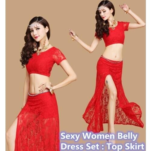 2pcs/Set Women Belly Dance Dress Skirt Costume Sets Sexy Girls Split Lace Maxi Dress Top Skirt Indian Belly Dance Dress Skirt
