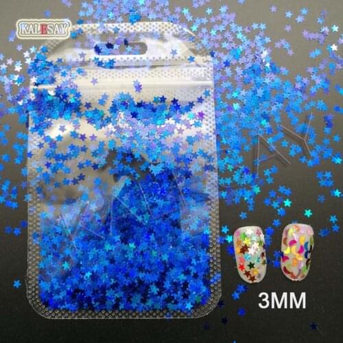 3mm Laser blue Star Nail Sequins 3D Holographic Star Moon Nail Glitter Flakes Gel Polish Decals Slice Manicure Makeup Tips