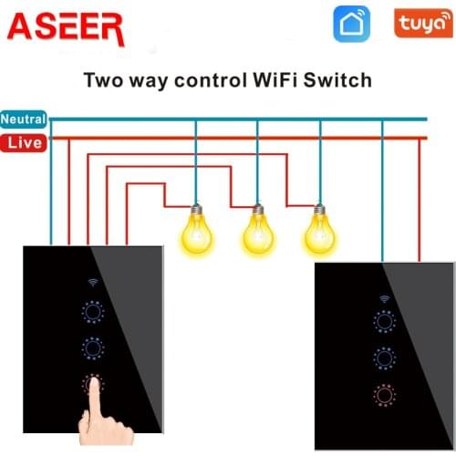 ASEER 2pcs WiFi Smart Switch US 1 2 3 4Gang 2 Way Glass Wall Touch Switches Tuya or eWeLink APP Remote Control Alexa Google Home