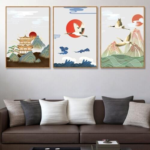 Chinese Style Scenery Animal Crane Tower Mountain River Cloud And Sun Decoration Painting Canvas Wall Picture Poster Living Room