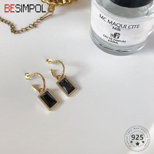 Besimpol High Sense 925 Sterling Silver Earrings Minimalist Square Black Gold Stud Earrings For Women Fashion Fine Jewelry Gift