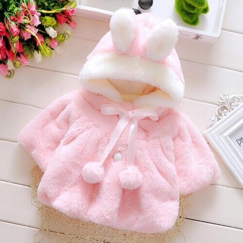 Kids Baby Girl Faux Fur Warm Winter Cute Rabbit Ears Hooded Cape Cloak Coat