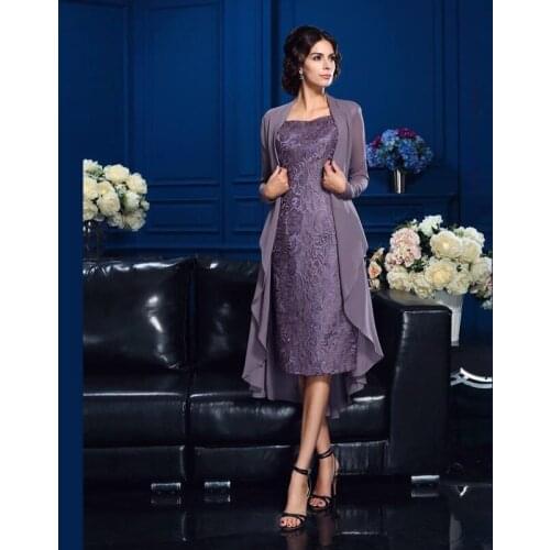 Purple Two Pieces Lace Short Mother of the Bride Dresses Knee Length Sheath Sleeveless Wedding Guest Dress