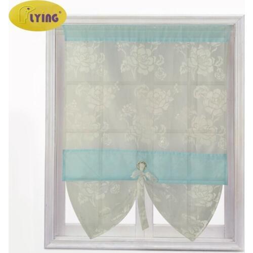 Flying Kitchen Curtains Tulle Pastoral Flower Printed Voile Blue Curtain White Rope Cornice Shade for Bedroom Door Right Light