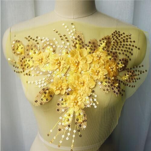 Yellow Sequin Tassel 3D Flower Rose Beads Lace Fabric Embroidered Gown Appliques Collar Mesh Sew Patch For Wedding Decor DIY
