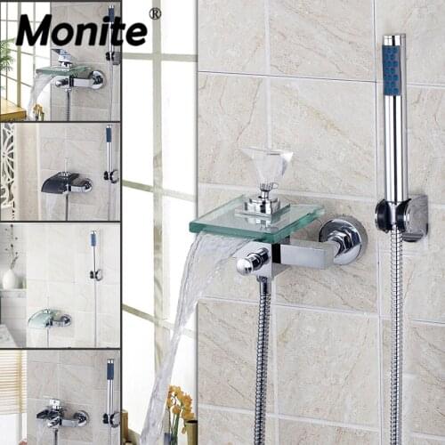 Monite Waterfall Glass Bathroom Shower Faucet Solid Brass Bath Faucet Mixer Tap With Hand Shower Head Shower Faucets Set