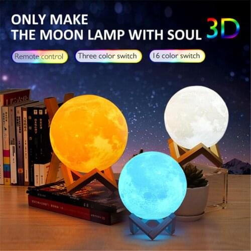 Rambery moon lamp 3D print night light Rechargeable 3 Color Tap Control lamp lights 16 Colors Change Remote LED moon light gift