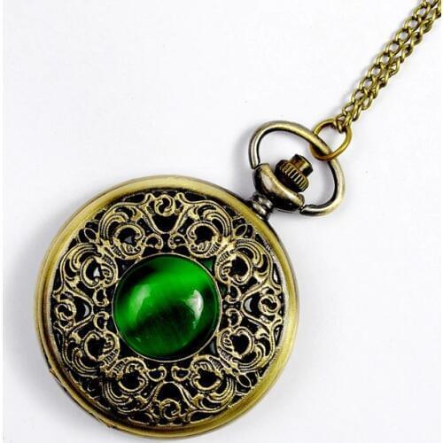 NEW Big Vintage Emerald stone pocket watch Green Necklace woman Jewelry Gothic fashion retro Dropshipping Elf Eye