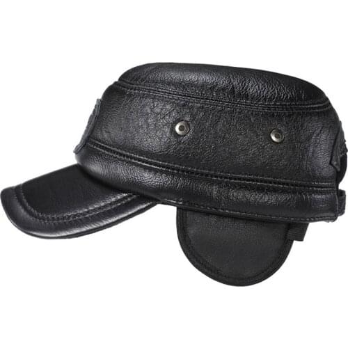 Autumn Winter Genuine Leather Cap Men Sheepskin Dad Hat Fleece Warm Windbreaker Earmuffs Adjustable Size Outdoor Flat Cap Men