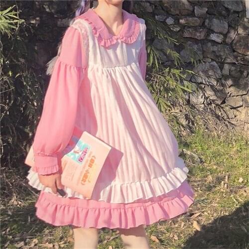 Japanese Autumn Cute Soft Girl College Style Sweety Gauze Two-piece Suit Dress Peter Pan Collar Kawaii Ruffles Full Sleeve Dress