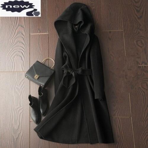 Fashion Wool Overcoat Female Autumn Winter Belt Loose Hooded Coat Solid Color Office Lady Streetwear Long Sleeve Outerwear