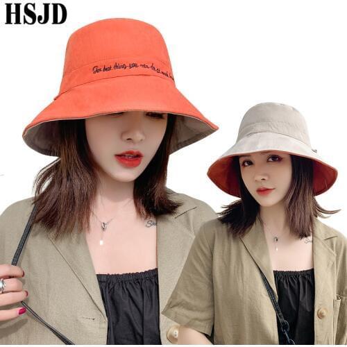 Korean Letter Double-sided Panama Foldable Bucket Hat Street Headwear Summer Woman Sun Hats Wide Brim Anti-UV Beach Casual Cap