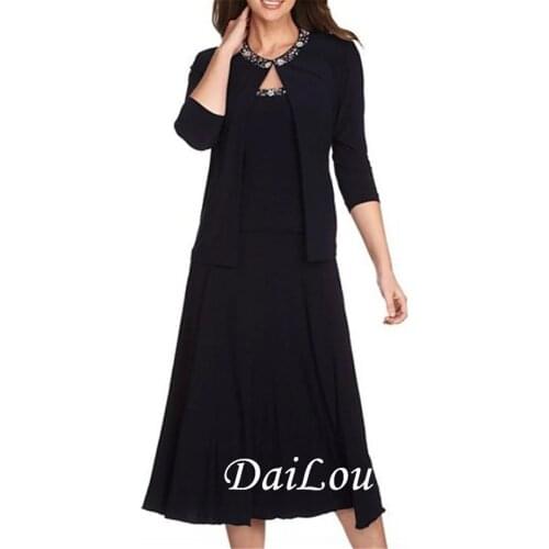 Two Piece Mother of the Bride Dress Elegant Jewel Neck Tea Length Chiffon Beaded Lace 3/4 Length Sleeve with Draping 2021