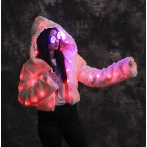 RE38 Party winter rave show led light costumes dj dance wears colorful led fur coat women luminous jacket glowing dress clothes