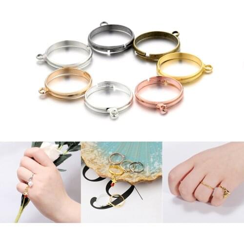 20pcs/lot Adjustable Silver Plated Fashion Rings With Hole Blank Ring Settings For DIY Ring Jewelry Making Accessories Findings