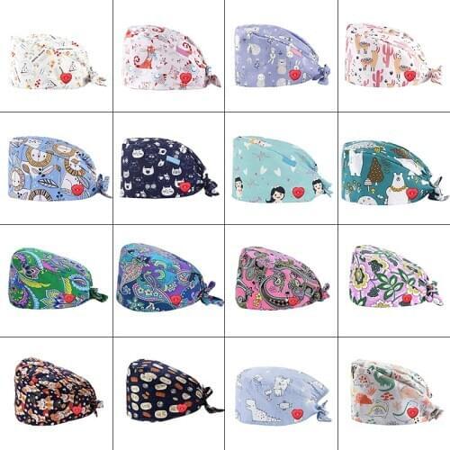Unisex Button Work Scrub Cap Cartoon Pet Printing Nurse Hat Beauty Salon Pharmacy Nursing Caps Laboratory Pet Shop Hat