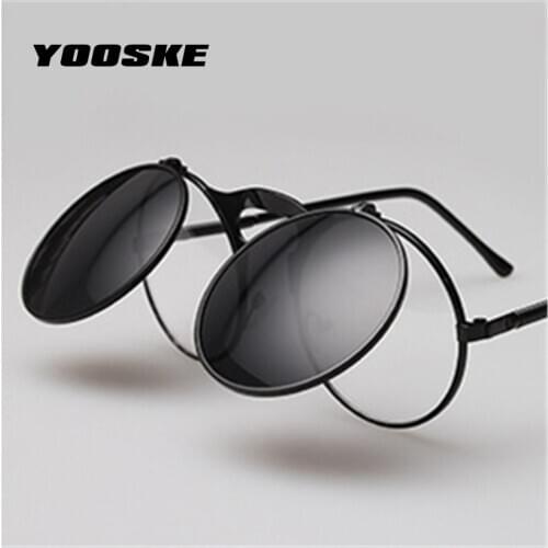 YOOSKE High Quality Steampunk Sunglasses Women Men Brand Round Clamshell Glasses Metal Frames Male Female Mirror Sun Glasses