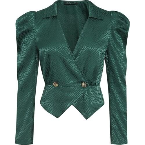 Sutimine Vintage Puff Button Women Blouses Shirt Mujer Sexy Deep V Neck Green Blouse Shirt Wrap OL Feminino Blusas Mujer