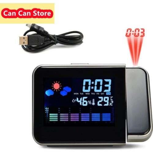 LED Digital Temperature Thermometer Desk Projection Alarm Clock Time Date Display Projector Calendar USB Charger Table Led Clock