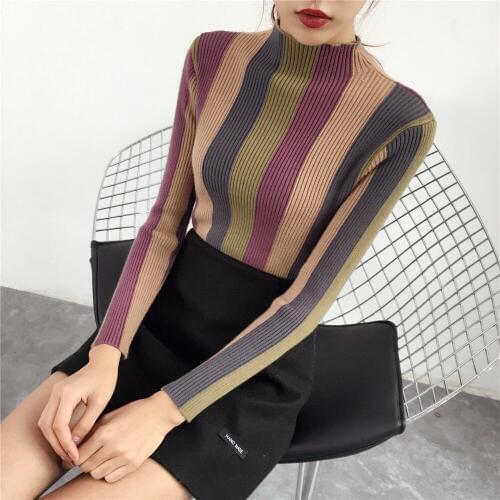 Pull femme hiver sweater women striped Knitted Jumpers Elegant Turtleneck Slim Pullovers Fashion Autumn Winter Casual Jumper Top