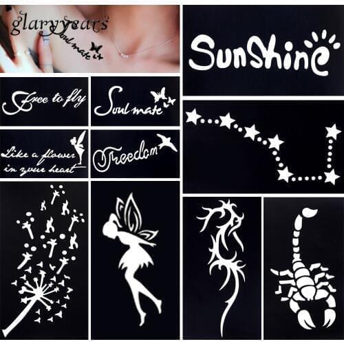 10 Pieces Tattoo Stencil Henna Paste Colored Drawing Waterproof Women Leg Body Art Star Angel Tattoo Template Glitter Decal G#03