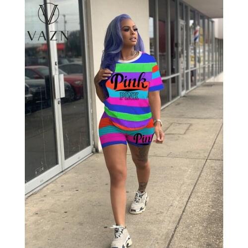 VAZN 2021 Summer Sport Hot O-neck Striped With Letter Short Sleeve Short Pant Sexy Young High Waist Skinny Women 2 Piece Set